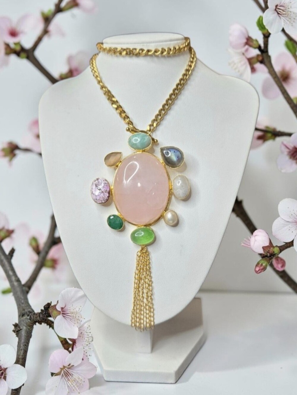 18k Gold Plated Artisan Rose Quartz Emerald Amethyst Pearl Amazonite Necklace - Picture 6 of 6
